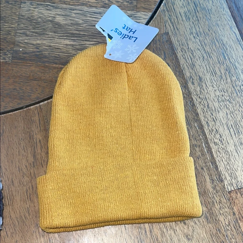 Snowman‎ Beanie Mustard Knit Hat and White Headband Winter Accessory Bundle